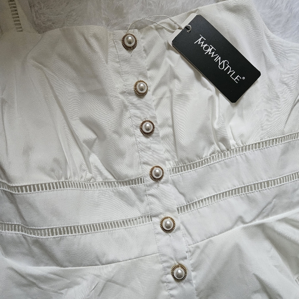 White Eyelet Embroidered Button Front Midi Dress Cottagecore Boho - NWT Size L - Picture 6 of 6